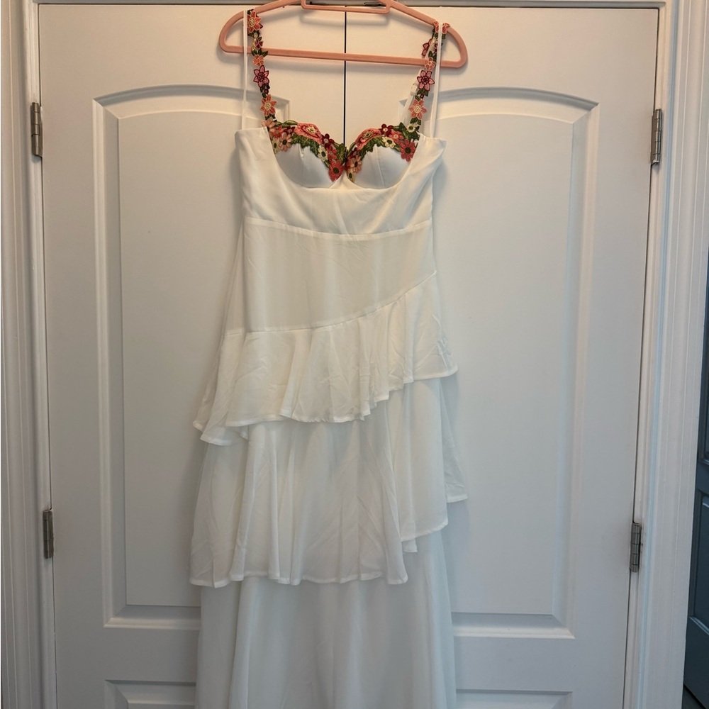 Selfie Leslie White Tiered Maxi Dress with Floral Embroidered Straps